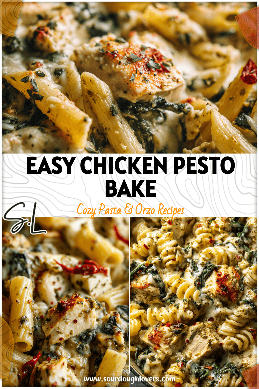 Baked feta and chicken pasta with spinach coated in creamy pesto sauce in a casserole dish